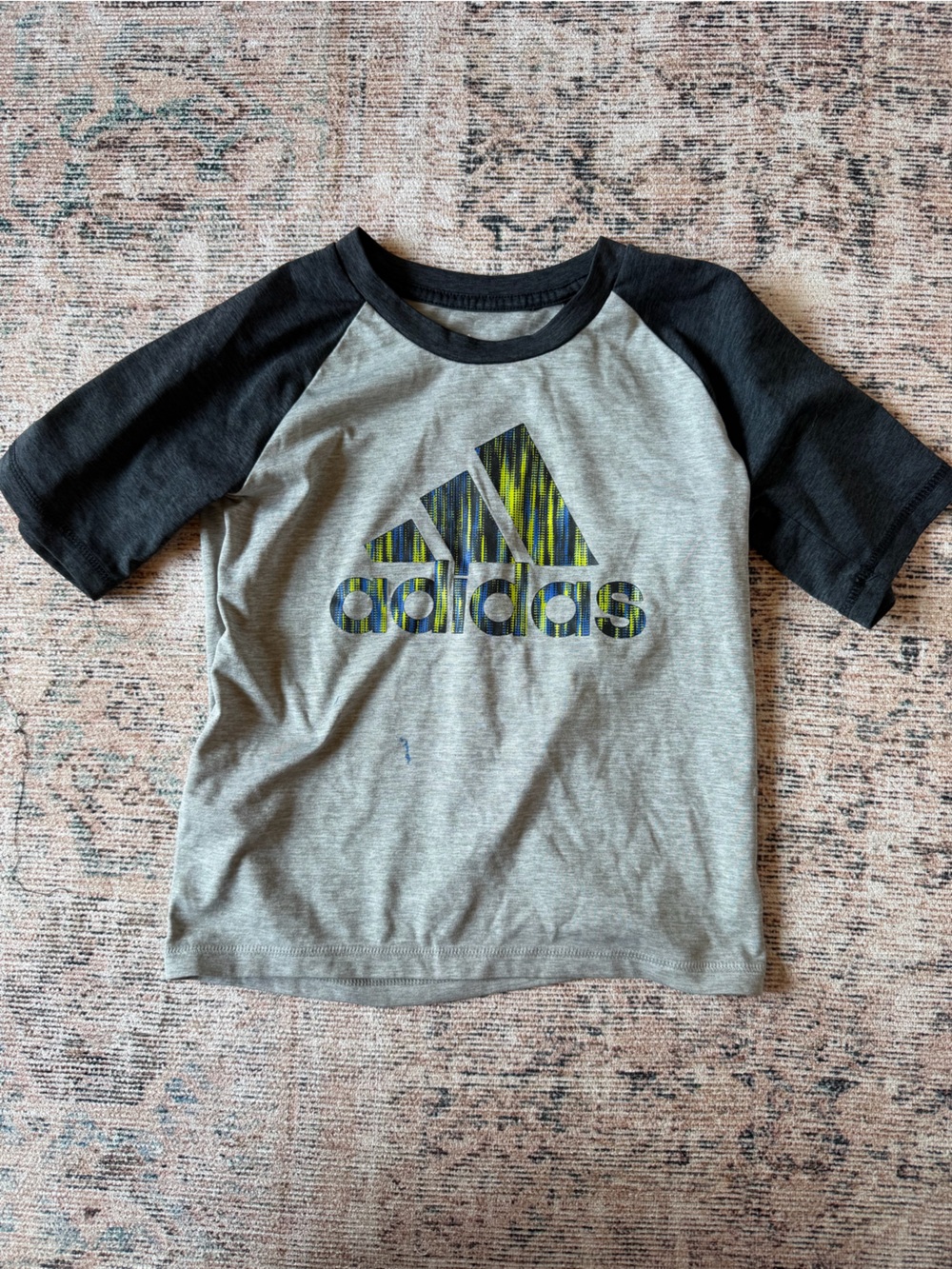 adidas Gray Tee with Black Raglan Sleeves and Green-Accent Logo